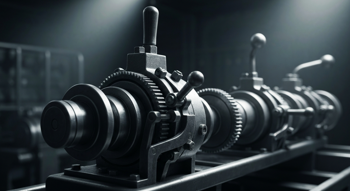 An extreme close-up photograph of the intricate gears, levers, and metal components of a large industrial banking machine, conveying the complex infrastructure that underpins the financial sector.