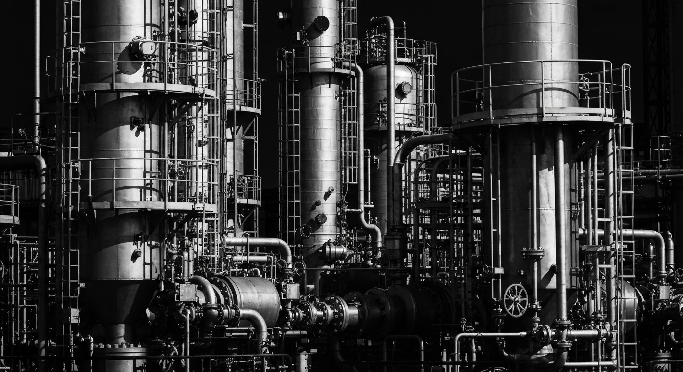 A high-contrast, black-and-white close-up image of the complex machinery and equipment used in chemical manufacturing, conveying the scale and power of the industrial processes that drive AdvanSix's business.