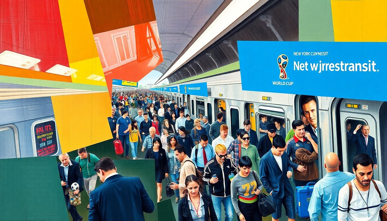 A fragmented, cubist-style painting depicting a chaotic train platform scene, with commuters and World Cup fans rushing to board trains amidst the angular, geometric shapes and contrasting colors of the NJ Transit logo and World Cup branding.