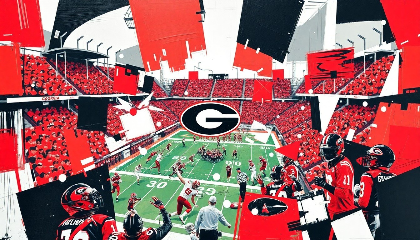 A cubist, geometric painting in red, black, and white, depicting fragmented and overlapping views of a Georgia Bulldogs football player in action, conveying the physical toll of spring practice.