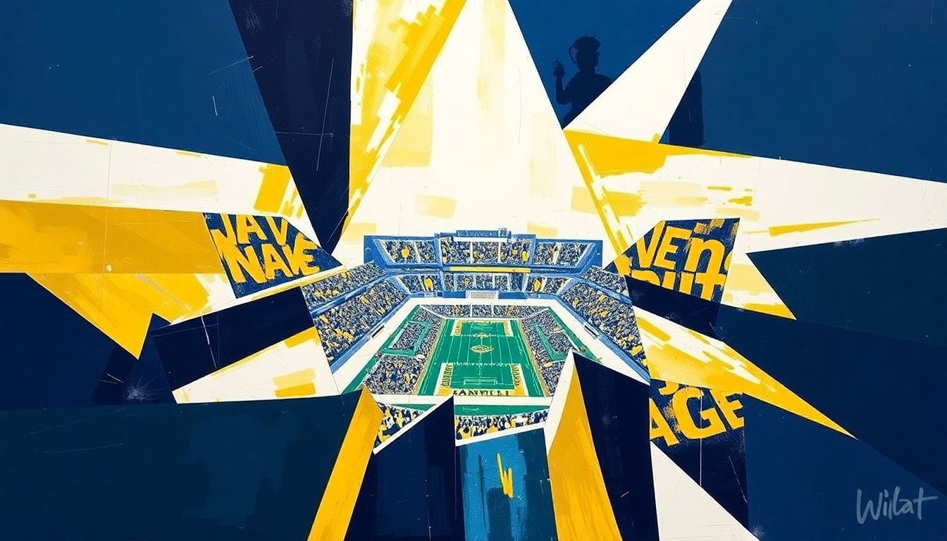 A cubist-style painting featuring overlapping geometric shapes in Vanderbilt's navy blue, gold, and white colors, capturing the energy and movement of a football game in an abstract, deconstructed manner.