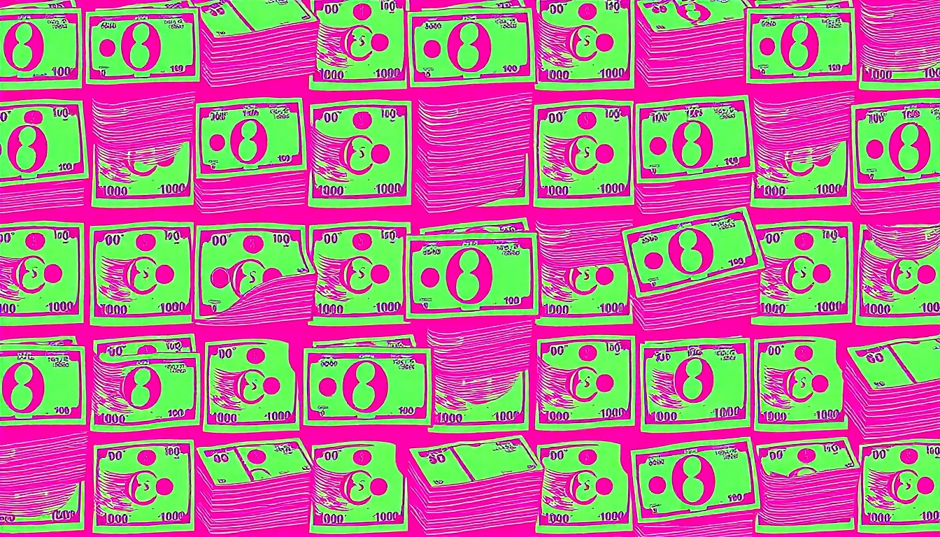 A brightly colored, high-contrast silkscreen print of a stack of dollar bills repeated in a tight grid pattern, conceptually representing the complex intersection of faith, finance, and inequality within the Black community.