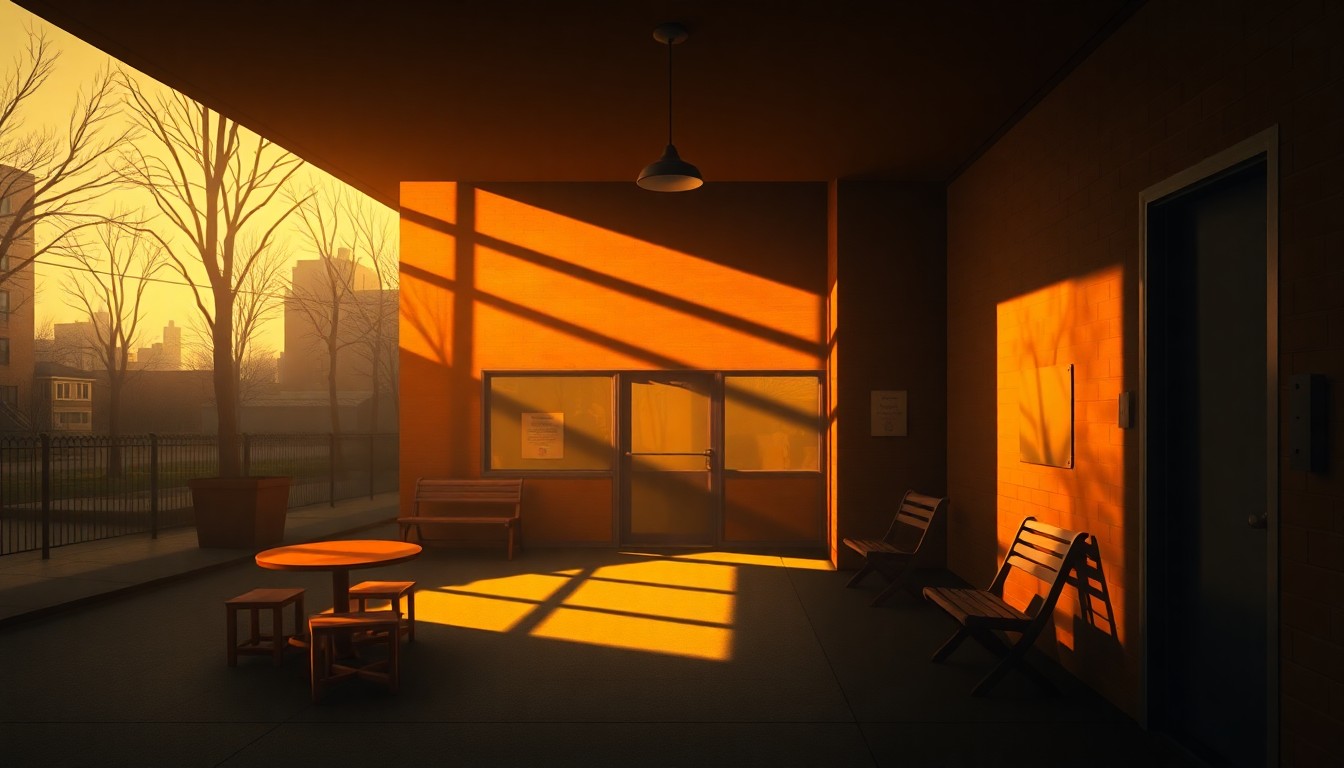 A warm, cinematic painting depicting the exterior of a child care center in the Bronx, with sunlight streaming through the windows and deep shadows across the facade, conveying a sense of quiet contemplation and community investment.