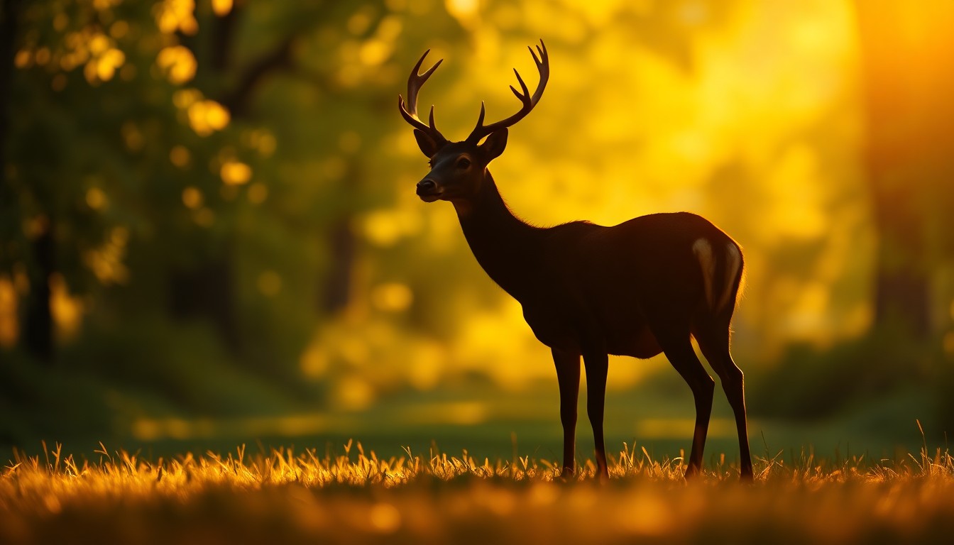 A blurred, impressionistic photograph of a deer's outline in a verdant park, with soft, warm light and color creating a serene, contemplative mood.