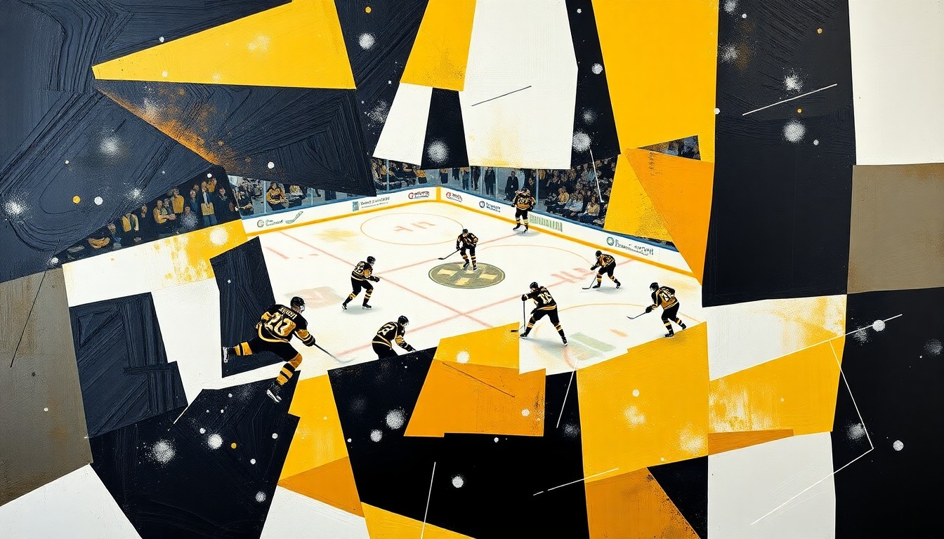 A cubist, geometric painting featuring overlapping planes of black, gold, and white, conceptually representing the intensity and physicality of a hockey game.