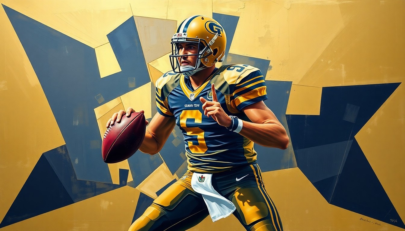 A cubist, geometric painting depicting a Georgia Tech football player in quarterback stance, with the player's form broken down into overlapping planes of gold and navy blue, conveying the dynamic energy and competition of the team's quarterback battle.