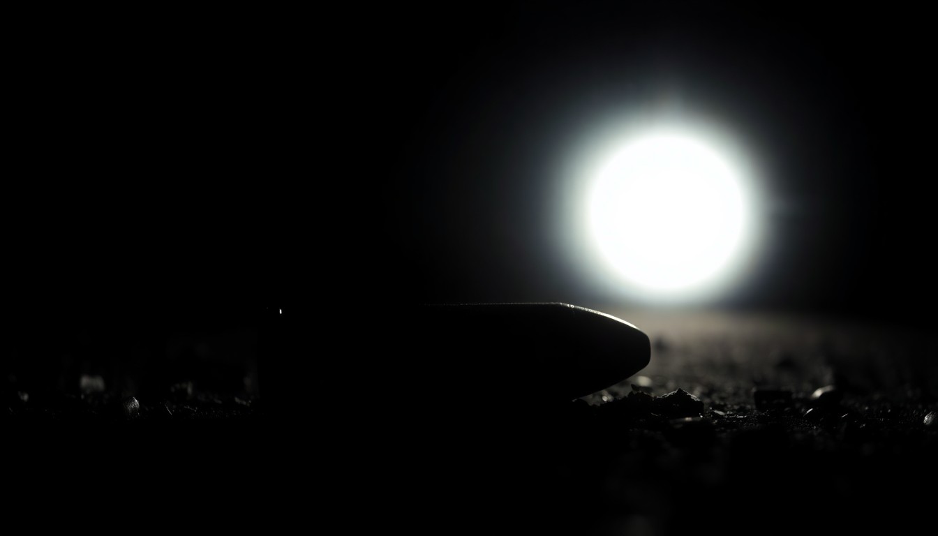 An extreme close-up photograph of a spent shell casing on the ground, reflecting the harsh, direct lighting and stark, gritty aesthetic that conceptually illustrates the investigative nature of this crime scene.
