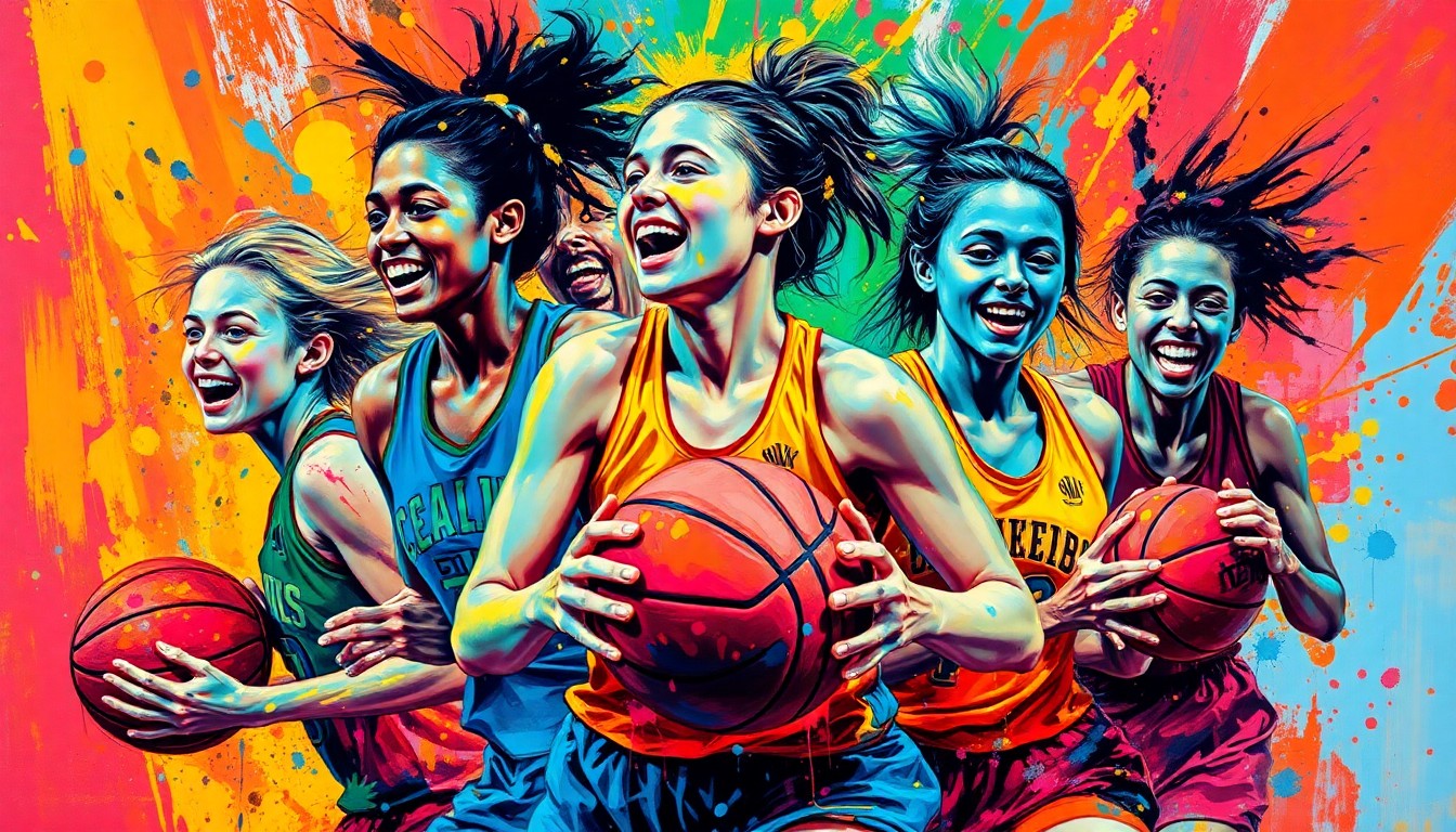 An abstract, expressionist painting in vibrant neon colors depicting the dynamic movement and energy of a group of young female basketball players, with faces and details dissolved into unrecognizable brushstrokes.