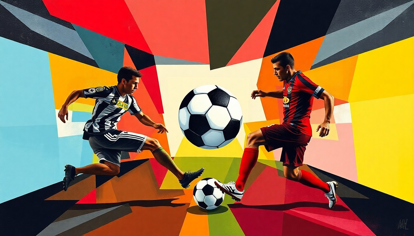 A fragmented, geometric painting depicting the movements and energy of a soccer match, with angular shapes and planes of color representing the players and ball without any identifiable figures or logos.