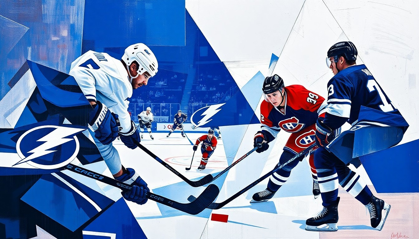 A fragmented, geometric painting depicting an abstract hockey game, with players' forms broken down into sharp, overlapping planes of blue, white, red, and bleu-blanc-rouge, capturing the intensity and strategic complexity of the playoff matchup.