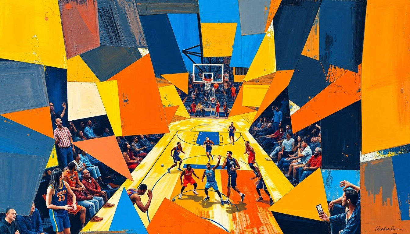 A cubist, geometric painting depicting the dynamic movements and energy of a basketball game, with sharp planes of color and overlapping shapes representing the action on the court.