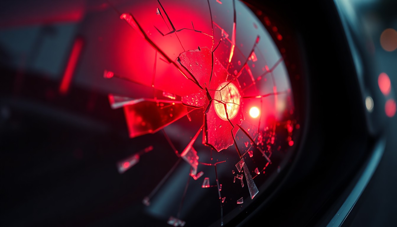 An extreme close-up of a shattered car sensor lens reflecting a faint red light, conceptually illustrating the vandalism of self-driving cars.