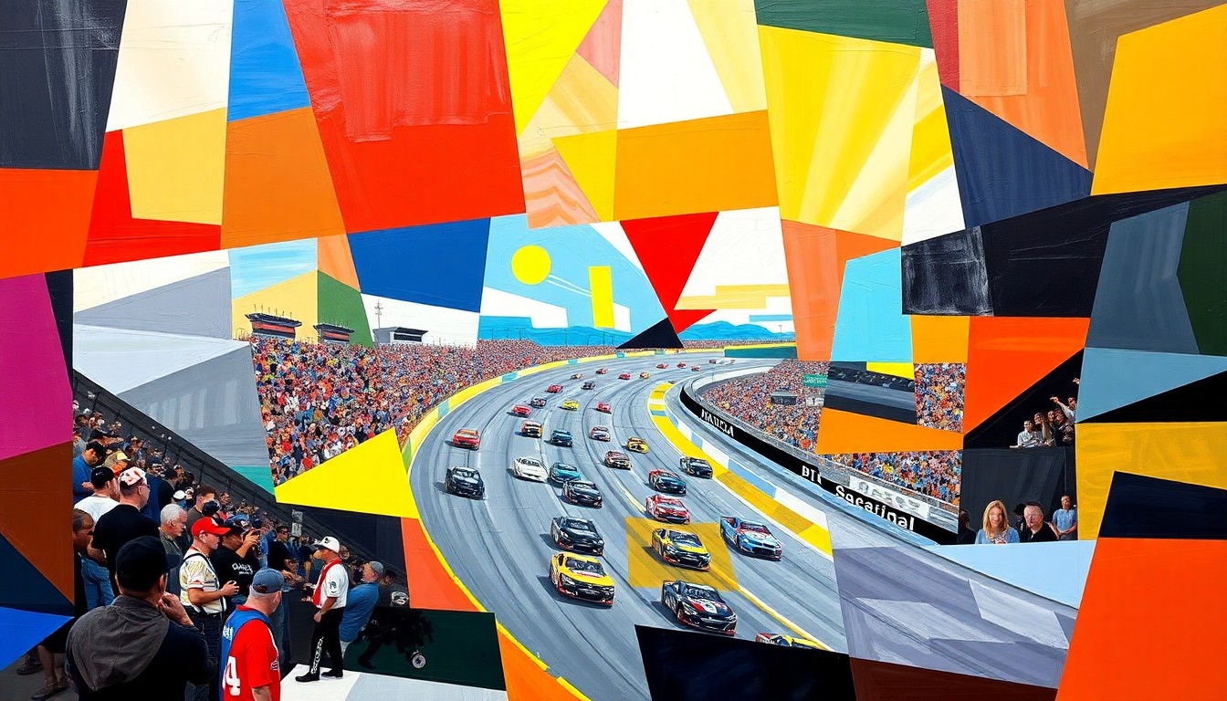 A fragmented, geometric painting depicting the chaotic energy and movement of a NASCAR race, with cars and track elements broken down into sharp, overlapping planes of color.