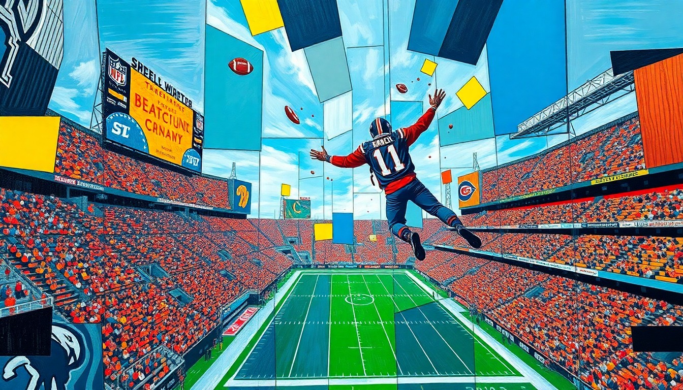 A fractured, cubist-style painting depicting the skydiver's crash into the stadium scoreboard, with sharp geometric planes of the team's colors representing the chaotic impact.