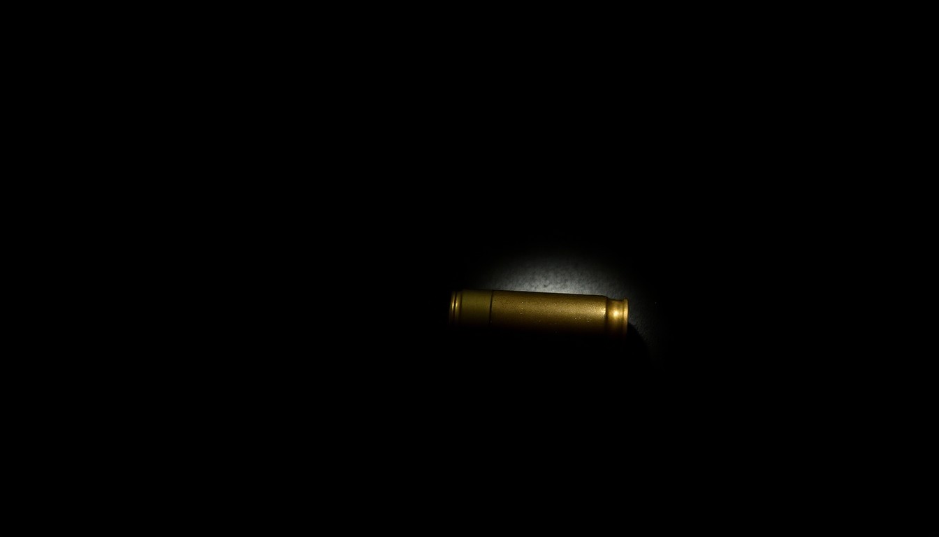 An extreme close-up photograph of a single bullet casing on a dark, shadowy surface, lit by a harsh, direct camera flash, conceptually illustrating the violence of the FSU shooting.