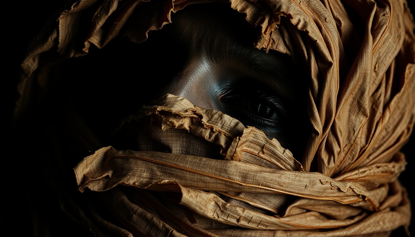 An extreme close-up photograph of a tattered, decaying mummy wrapping, the fabric appearing as a luxurious, high-fashion textile material under dramatic, high-contrast lighting, conveying a sense of decaying glamour and unease.