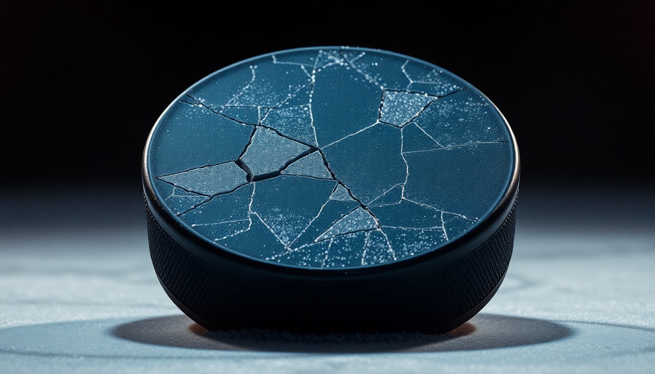 An abstract close-up photograph of a cracked, glittering hockey puck under dramatic studio lighting, conveying the intense emotional stakes of the characters' relationship in the Heated Rivalry series.