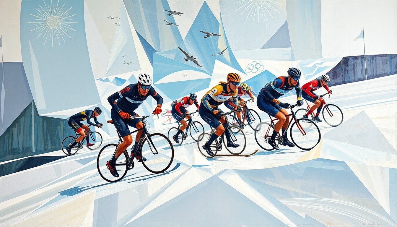 A cubist, geometric painting depicting the dynamic movements and competitive energy of cross-country skiing and cycling, with sharp, overlapping planes of color and form.
