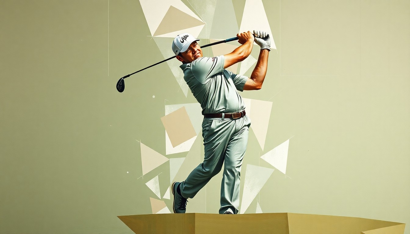 A fractured, geometric painting depicting Scottie Scheffler's golf swing and competitive form, broken down into sharp, overlapping planes of muted earth tones and bright white.
