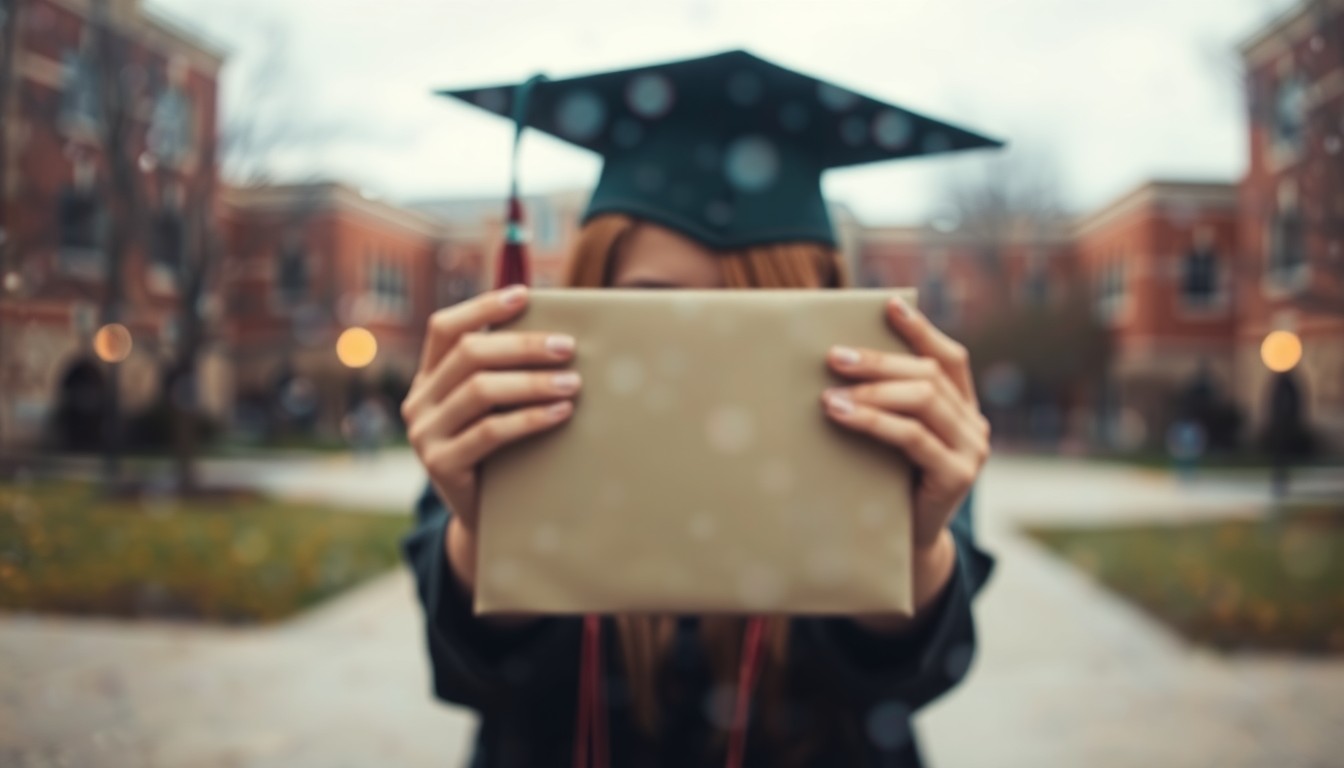 An extremely abstracted, out-of-focus photograph of a student's hands holding a diploma or graduation cap, with a blurred college campus scene in the background, captured in warm, soft pools of light and color.
