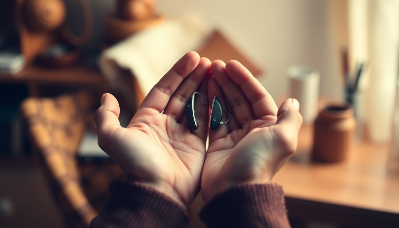 An extremely abstracted, out-of-focus photograph in soft pools of warm color and light, depicting a person's hands holding a pair of hearing aids against a blurred background of everyday lifestyle objects.