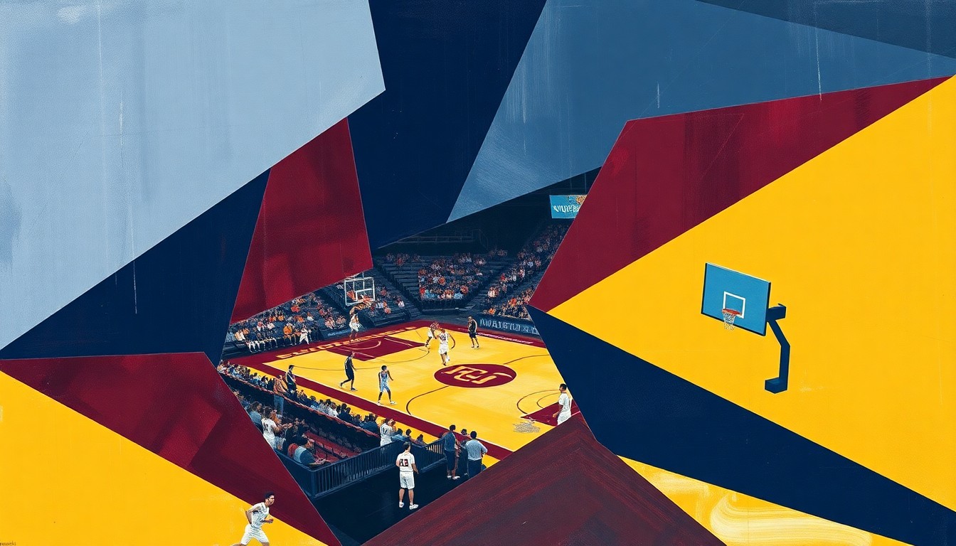 A fragmented, abstract painting featuring sharp, overlapping geometric shapes in navy blue, maroon, and gold, conceptually representing the dynamic changes underway for the Arizona State basketball program.