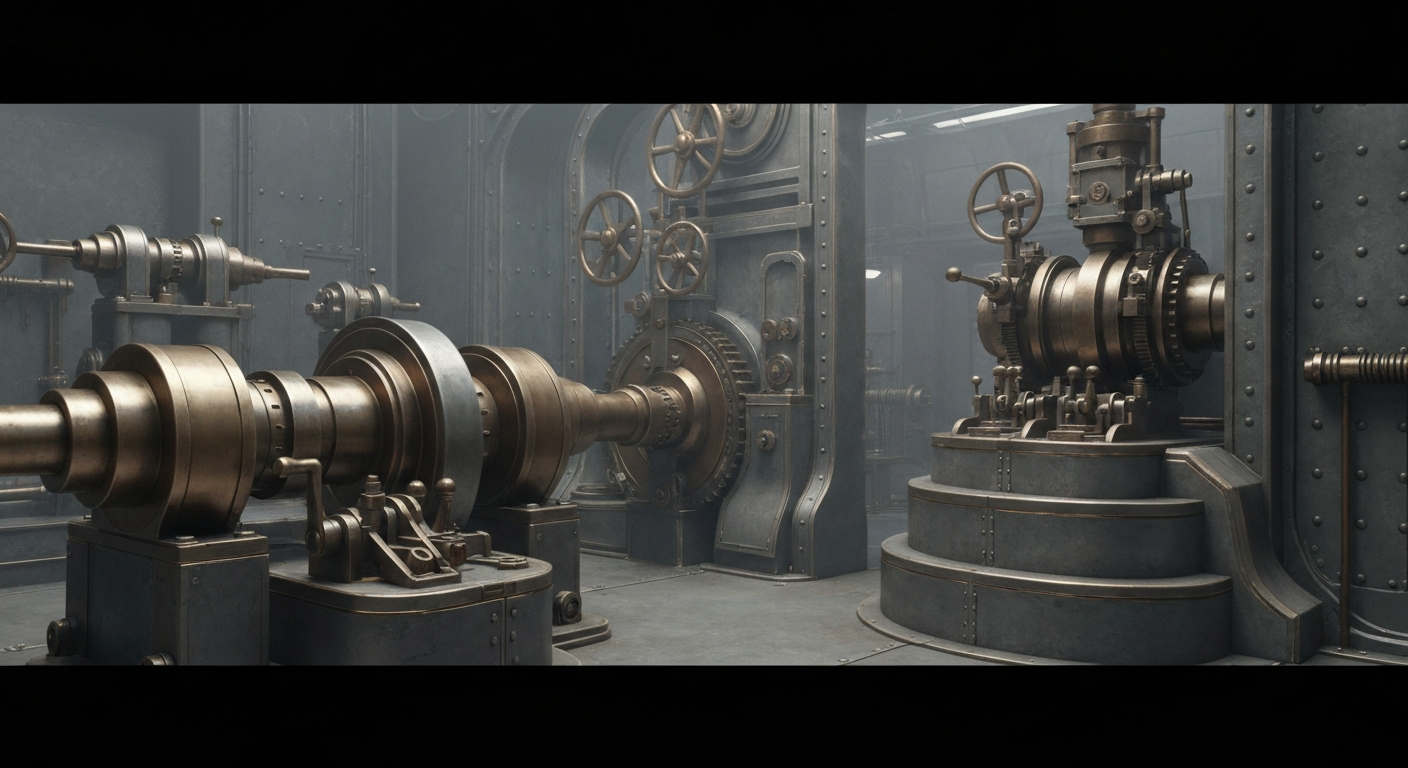 An extreme close-up of the gears, levers, and metal components of an industrial banking machine, conveying the physical, mechanical nature of financial systems.
