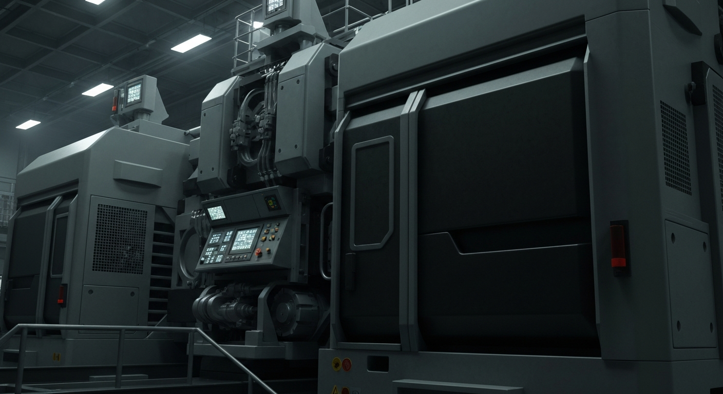 An extreme close-up of various metal gears, levers, and mechanical components that make up the inner workings of a large industrial machine, conveying a sense of the complex financial infrastructure underlying the stock market.