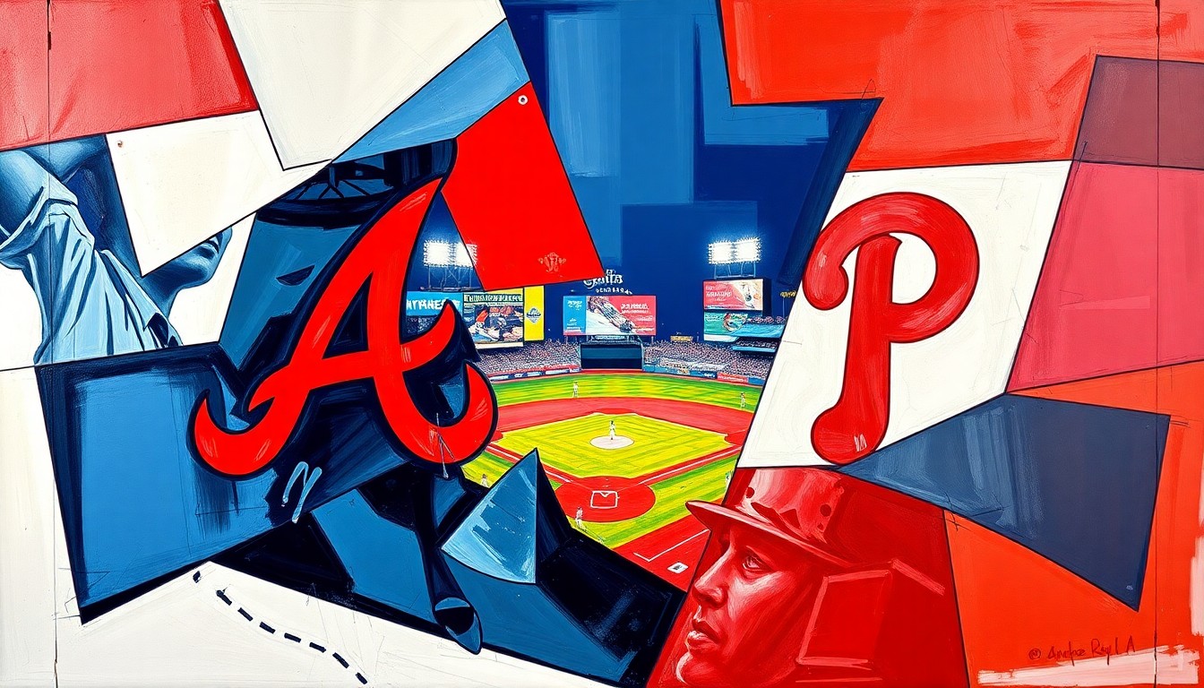 A fractured, cubist-style painting depicting the action of a baseball game between the Atlanta Braves and Philadelphia Phillies, with the players and field broken down into sharp, overlapping geometric shapes and planes of vibrant colors.