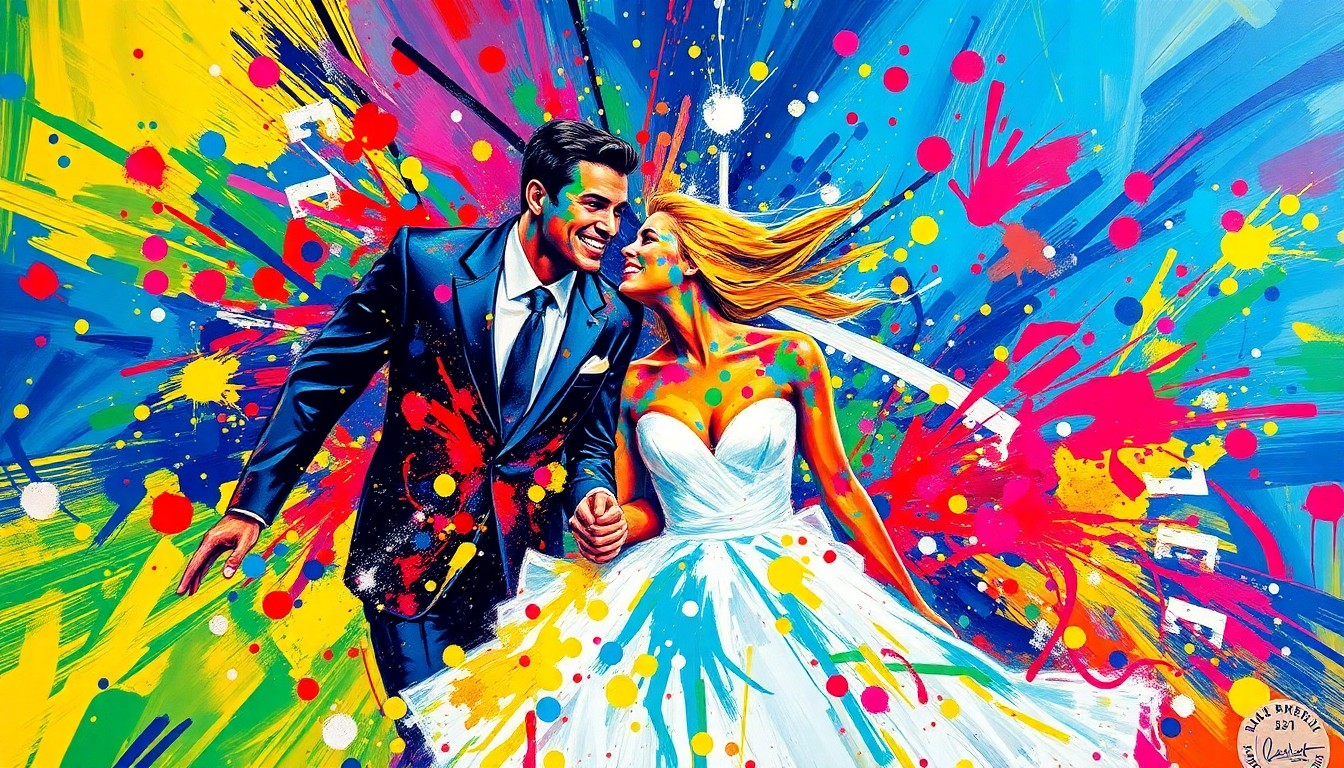 An abstract, expressionist painting in vibrant neon colors, with rapid brushstrokes capturing the raw energy and celebratory mood of a sports wedding, the couple's figures dissolving into unrecognizable splatters of color.