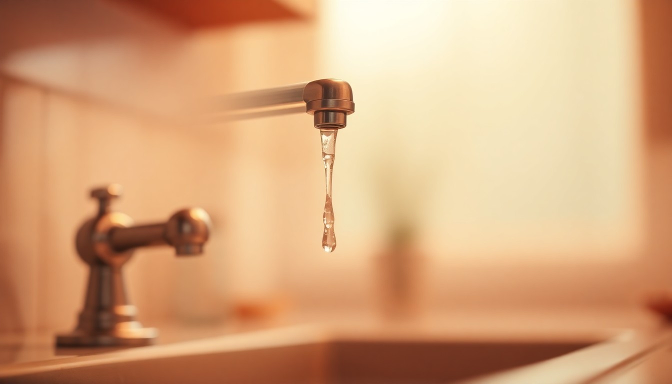An extremely abstracted, out-of-focus photograph of a kitchen faucet dripping water, creating a soft, warm, and hazy bokeh effect that conceptually represents the importance of proactive plumbing maintenance for home efficiency.