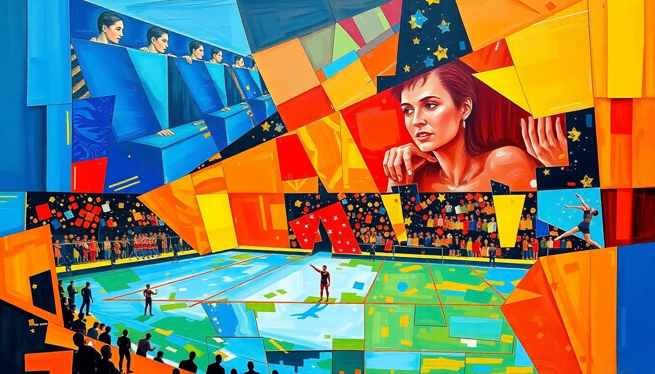 A cubist, geometric painting depicting the energy and movement of a gymnastics competition, with overlapping planes of color and shape representing the various events and competitors.