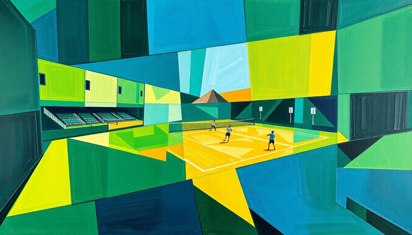 A cubist, geometric painting featuring overlapping planes of green, blue, and yellow, capturing the dynamic movement and energy of a tennis match.