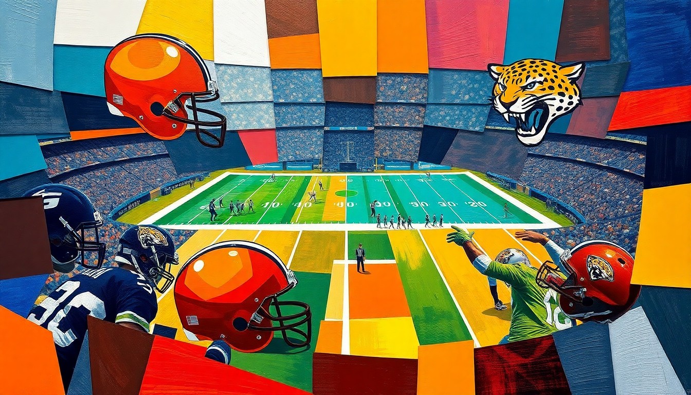 A cubist, geometric painting depicting a fractured football game, with the dominant colors being the official team colors of the Cleveland Browns and Jacksonville Jaguars.