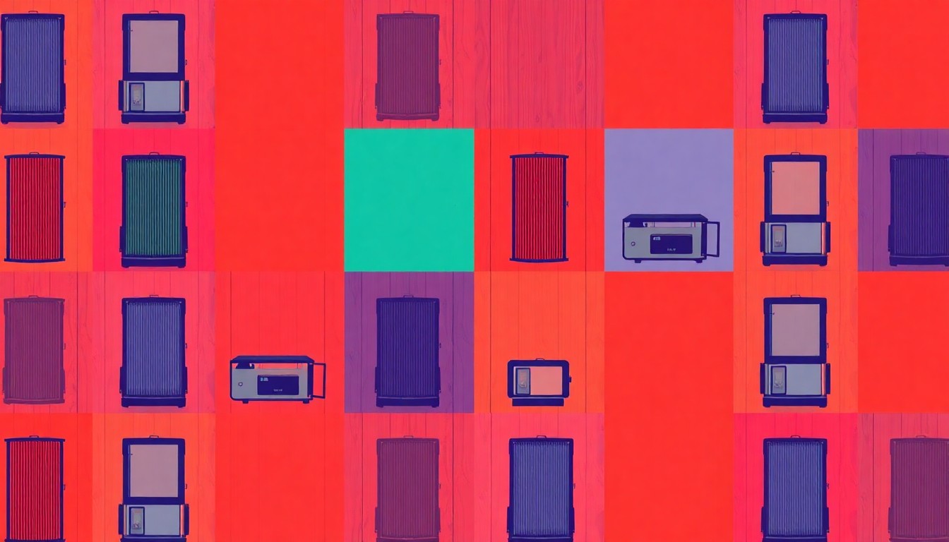 A high-contrast silkscreen print in neon colors depicting a repeating grid pattern of a single iconic sauna component, such as a sauna heater or infrared lamp, rendered in a bold, abstract, and visually striking pop art style.