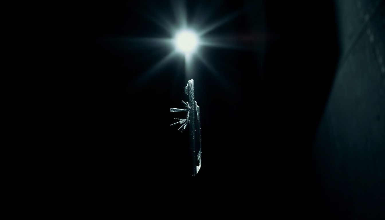 An extreme close-up photograph of a damaged security camera lens, capturing the harsh, gritty details of the crime scene in stark contrast against the pitch-black background, conceptually representing the investigation into a celebrity home invasion.