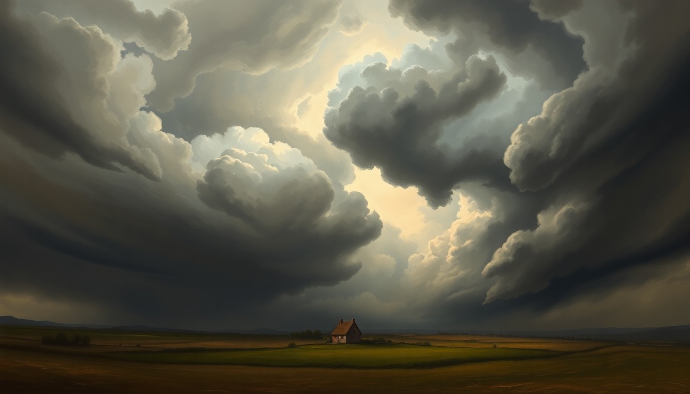 A vast, atmospheric landscape painting in muted tones, with a small farmhouse dwarfed by a dramatic, swirling sky filled with dark storm clouds, conveying the sublime power of the extreme weather event.