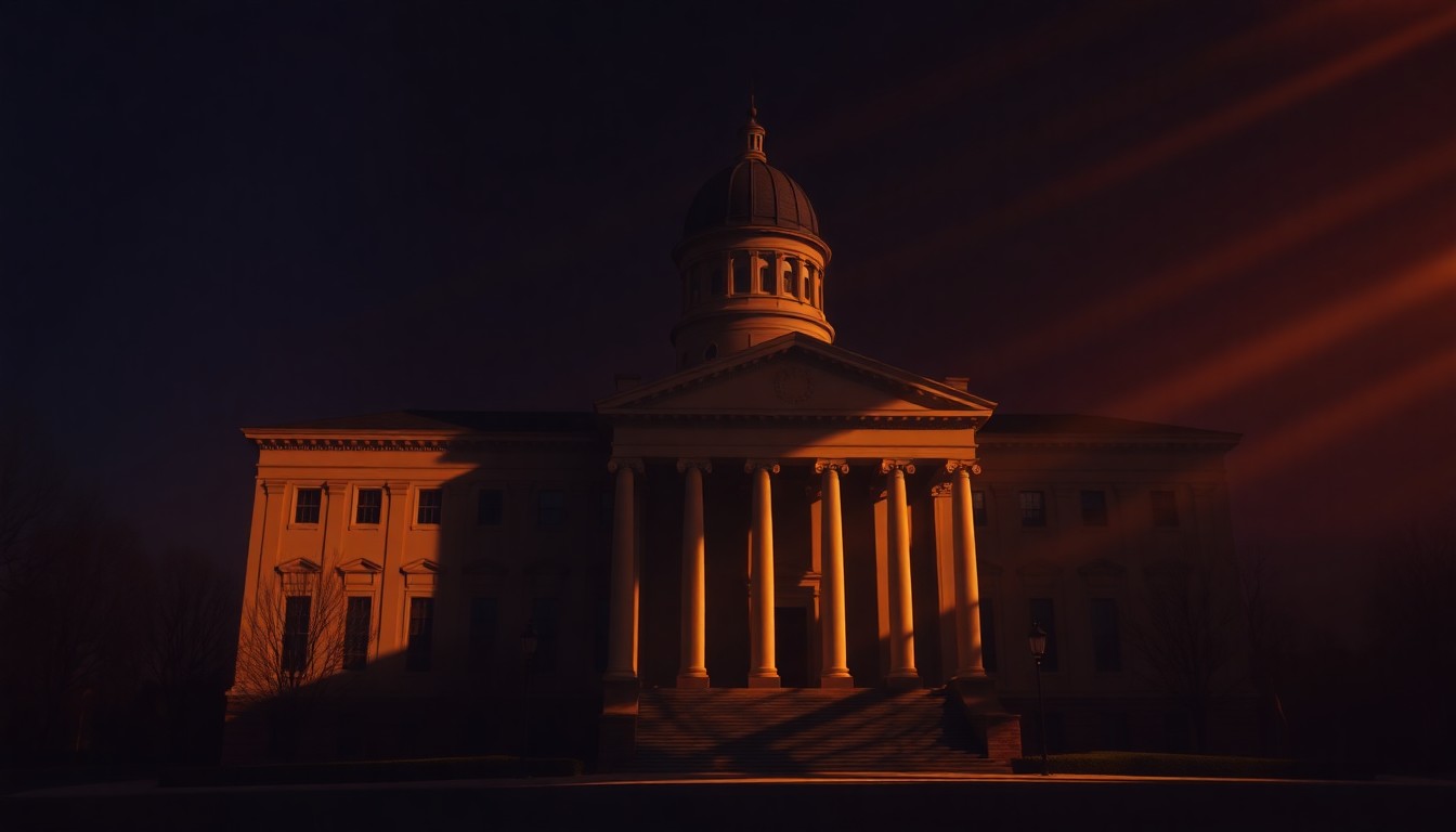 A cinematic painting of the Maryland State House building in Annapolis, with warm, diagonal sunlight and deep shadows creating a quiet, contemplative atmosphere, conceptually representing the legislative process.