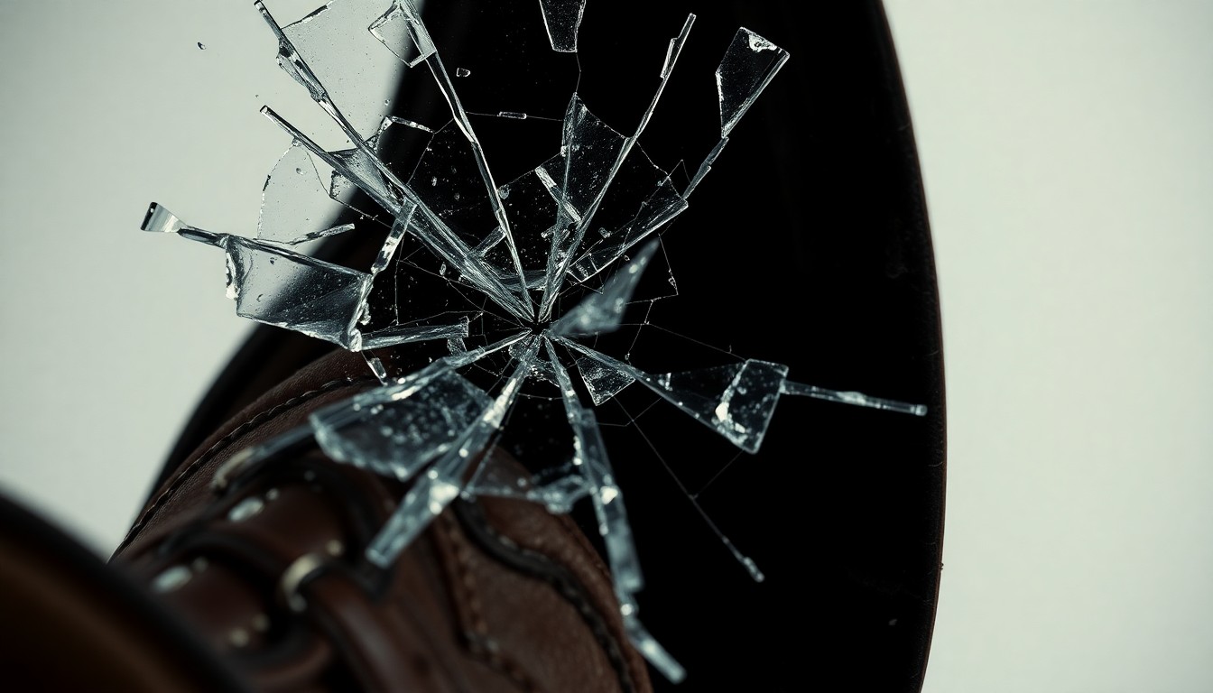An abstract, high-contrast close-up image of shattered glass and cracked leather textures, conveying the gritty, thriller elements of the neo-Western film Those Who Wish Me Dead.