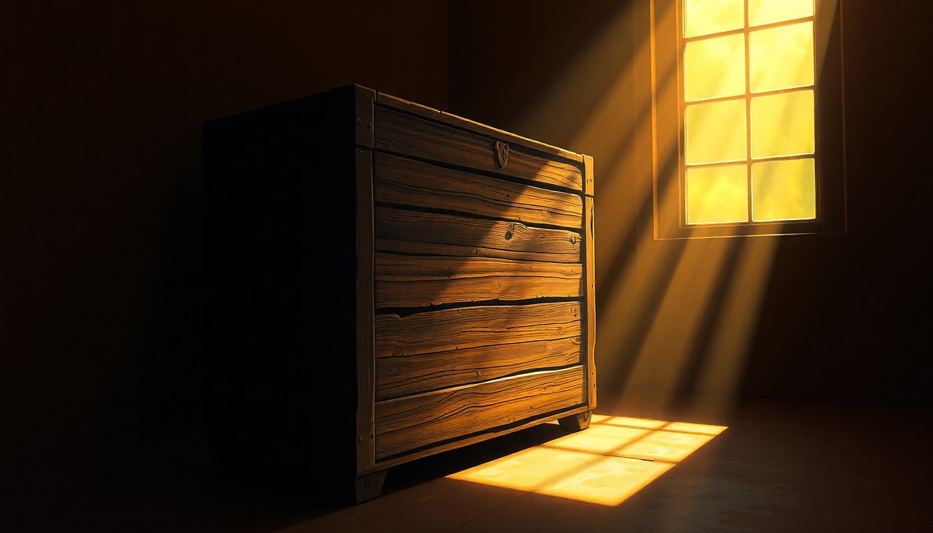 A textured, cinematic painting of an old wooden shipping crate or steamer trunk in warm, golden light, evoking the weight and displacement of historical artifacts tied to slavery.