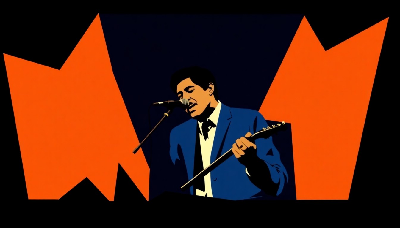 A bold, abstract illustration in the style of Saul Bass, featuring jagged geometric shapes in deep indigo and vibrant orange, conceptually representing the musical performance of singer-songwriter Jackie Venson.
