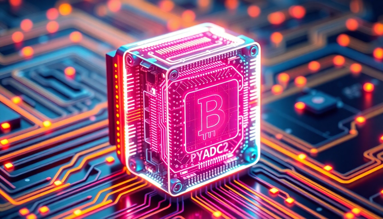 A highly detailed, glowing 3D illustration of a futuristic quantum computer processor with intricate circuitry and pulsing neon lights, conceptually representing the advanced AI technology powering BitsStrategy's new trading app.