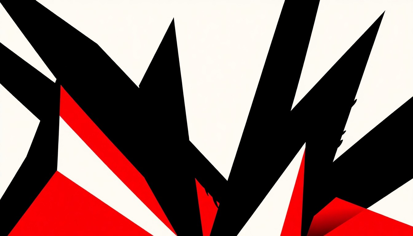 A minimalist, abstract illustration featuring bold, jagged shapes in black, white, and red, capturing the vibrant energy and eclectic musical styles of The Sunny Sky Boys' performance.