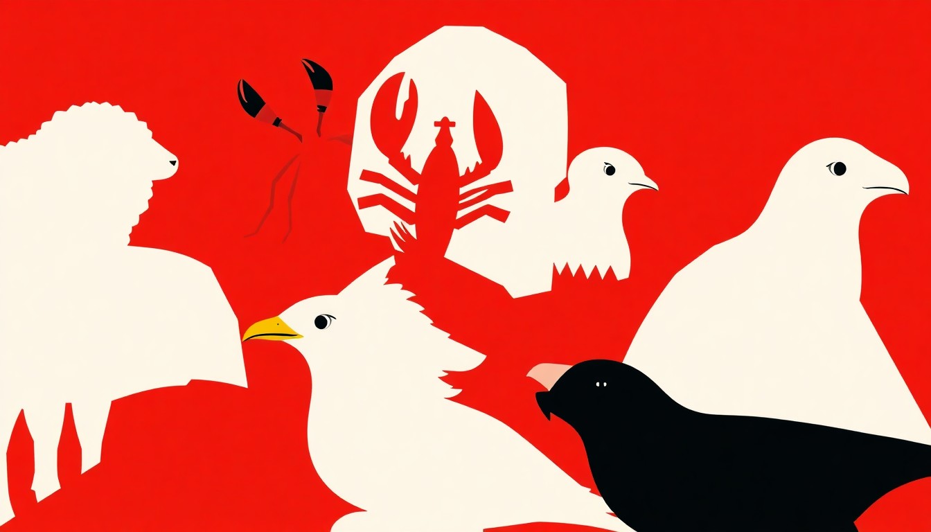 A bold, abstract illustration featuring jagged, geometric shapes in red and white, representing various animals like a lamb, lobster, turtle dove, eagle, and seal, conceptually capturing the diverse musical exploration of the natural world in the Festival Singers' concert.