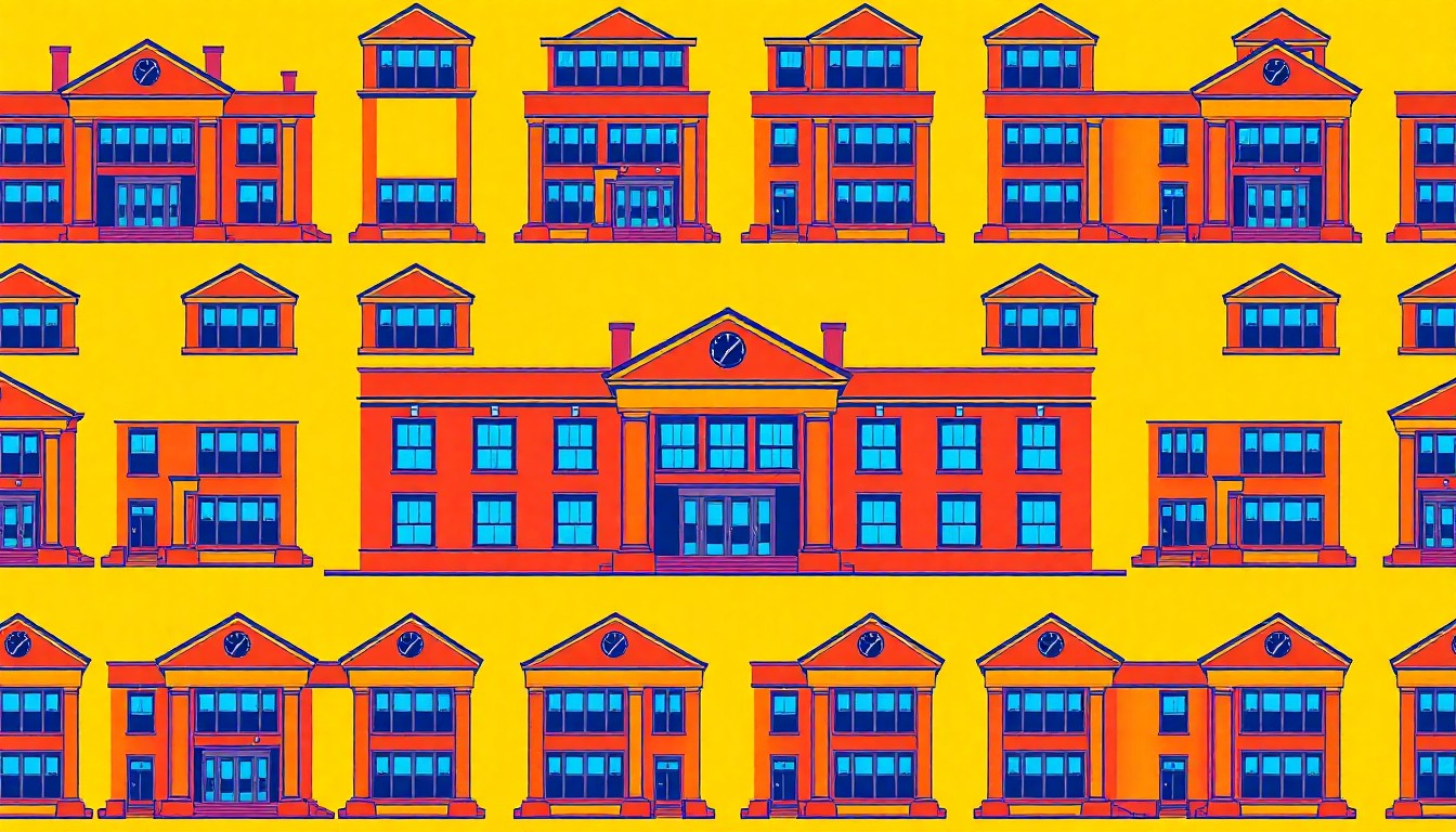 A brightly colored, high-contrast silkscreen print of a single, iconic elementary school building repeated in a tight grid pattern, utilizing flat, vibrant neon color palettes and heavy black photographic outlines to transform the everyday structure into a modern pop art piece.