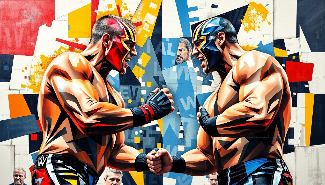 A cubist, geometric painting depicting the chaotic energy of a WWE wrestling match, with the figures of Cody Rhodes and Randy Orton fractured and abstracted into sharp, overlapping planes of color.