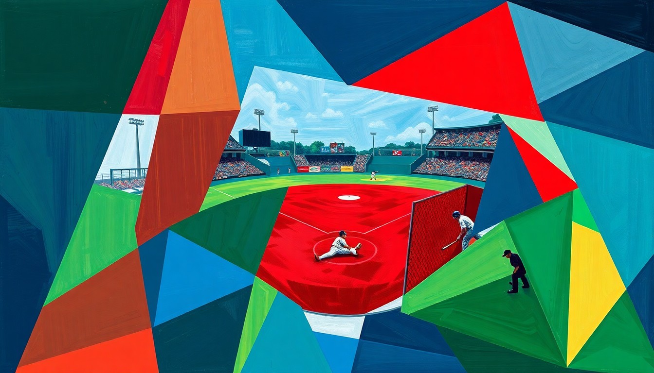 A cubist-style painting featuring fragmented geometric shapes in navy, red, and green, capturing the dynamic action and energy of a softball game.