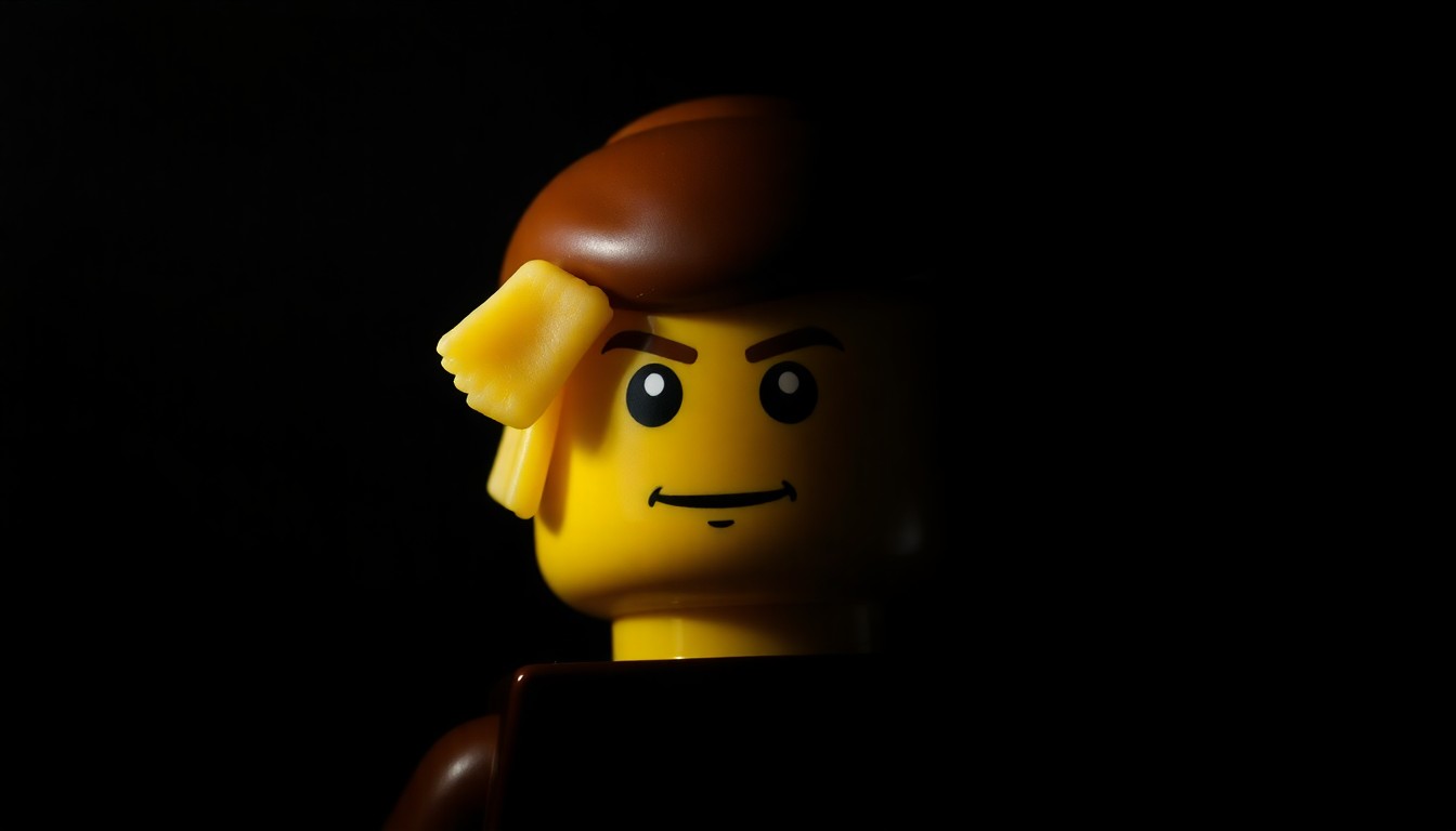 An extreme close-up photograph of a LEGO minifigure's head partially obscured by dried pasta pieces, conceptually illustrating the bizarre nature of the alleged retail theft scheme.