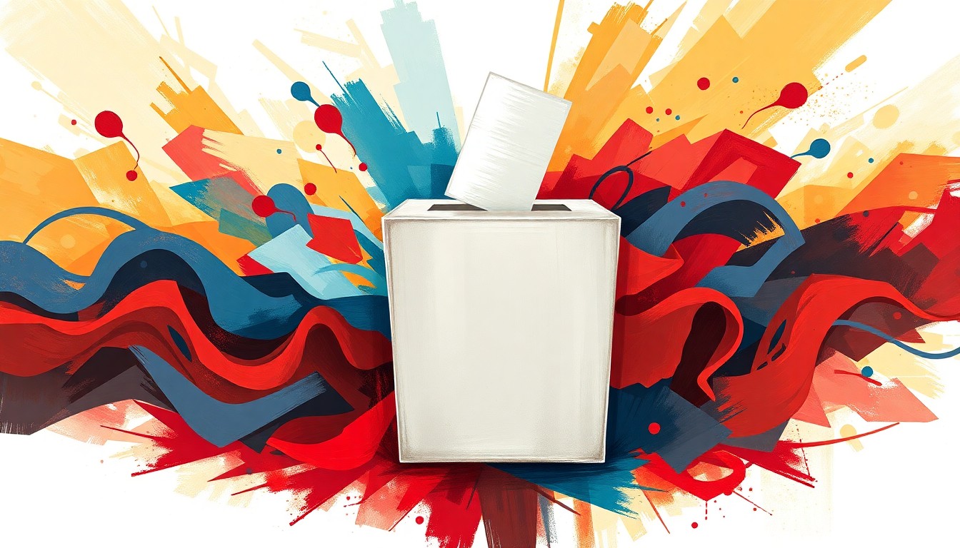 A highly textured, fragmented painting of a voting booth or ballot box in warm earth tones, deep blues, and vibrant reds, conveying the energy and competition of a local political race.