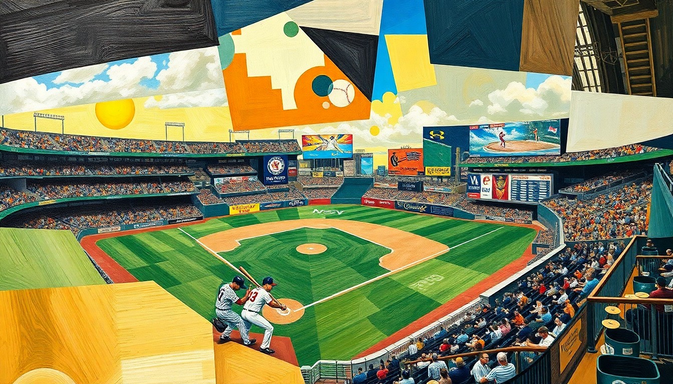 A cubist-style painting depicting a baseball game broken down into fragmented geometric shapes and planes, capturing the dynamic action and energy of the sport.